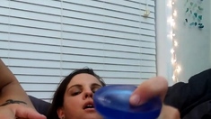 Brunette and her toys have close up masturbation sex
