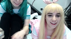Blonde teen girl playing on webcam
