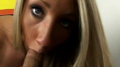 Barbie Cummings looks up with her big eyes as she sucks in POV